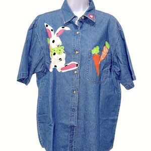 Adorable Appliqué Easter Bunny Short Sleeve Denim Top (XL)